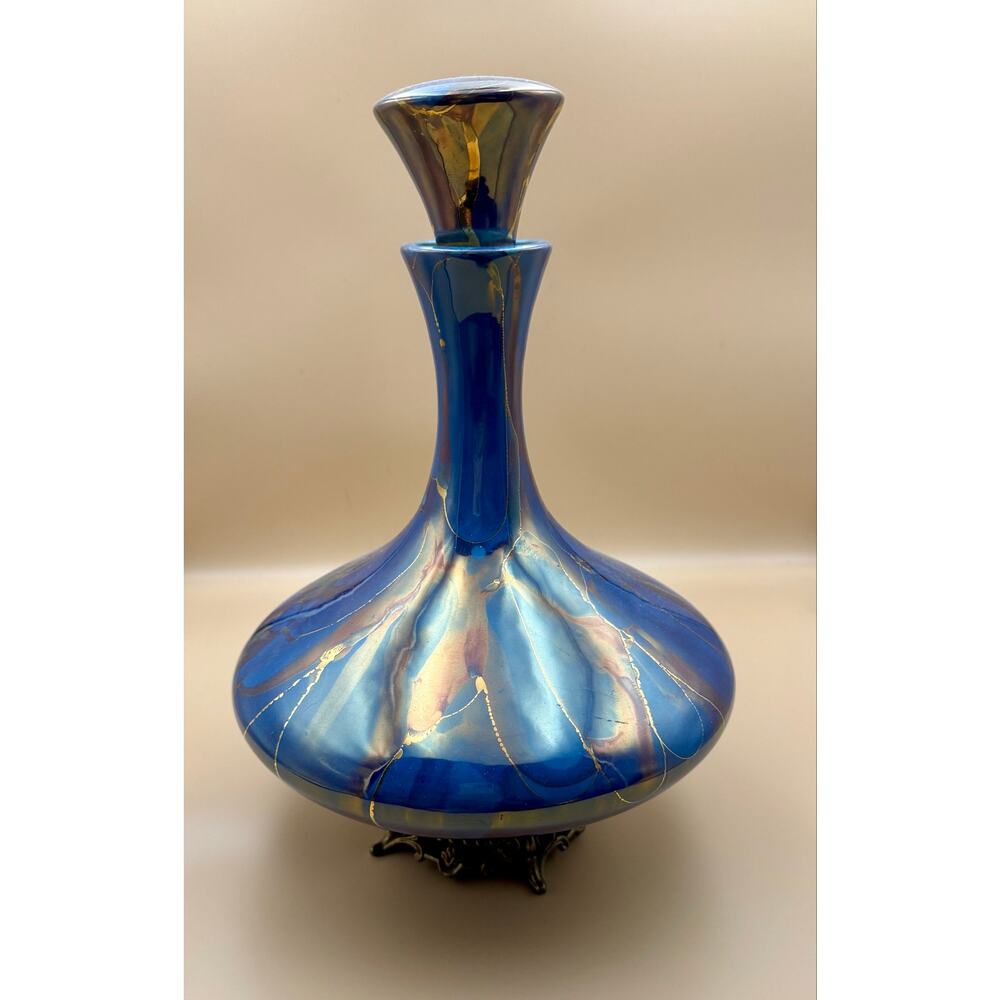 Vintage Blue Iridescent Art Glass Lamp Base w/ Original Stopper & Metal Foot
